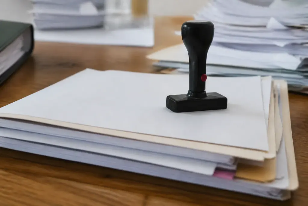 Dossier administratif avec formulaires et tampon officiel