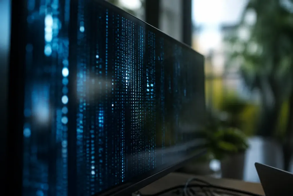 Ecran informatique montrant donnees chiffrees brillant