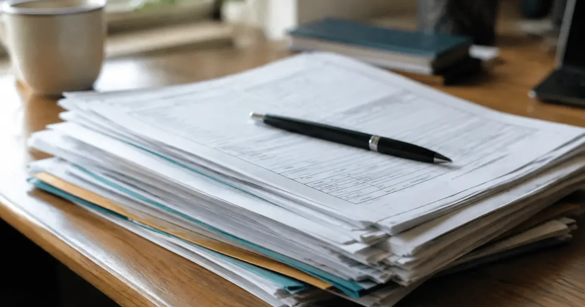 Formulaires administratifs empiles sur bureau avec stylo noir
