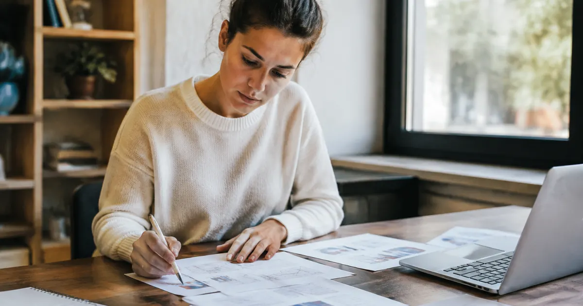 Personne assise a table avec graphiques et documents papier etales