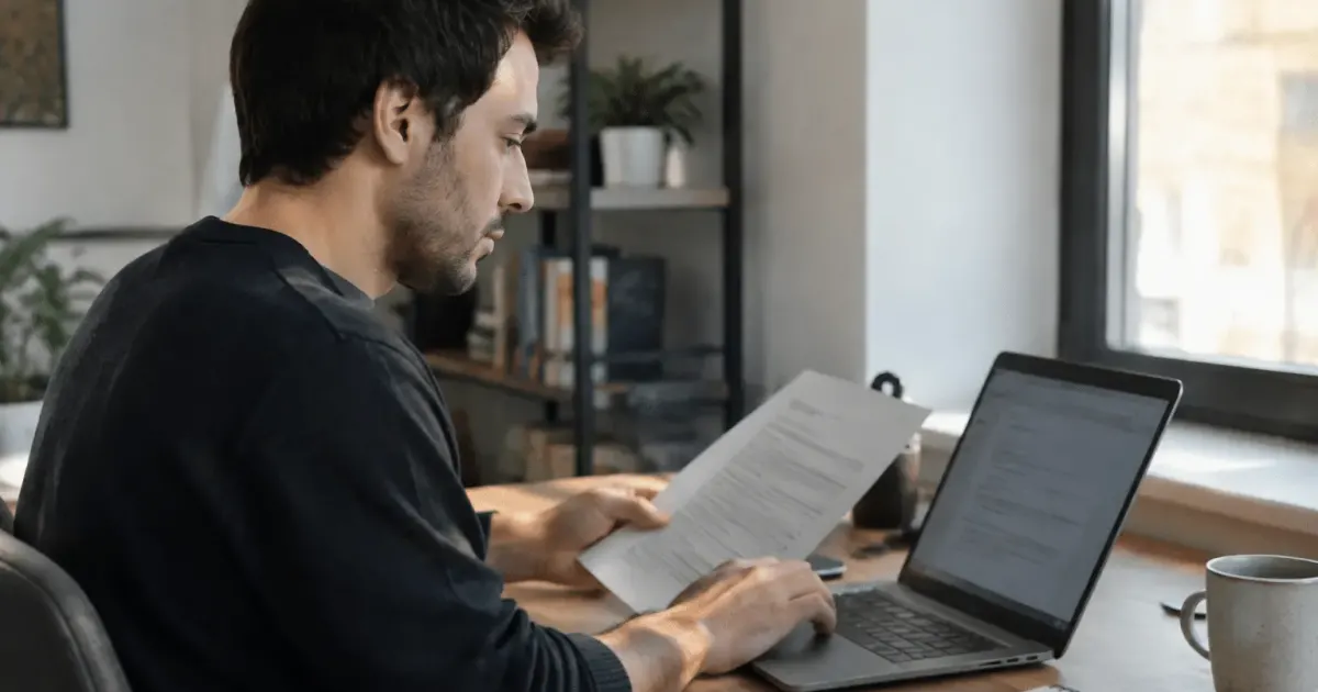Homme assis à bureau consultant document definitions sur ordinateur portable