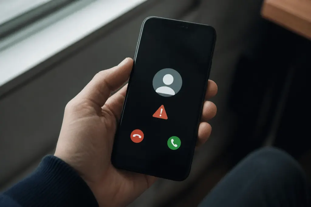 Smartphone affichant numero telephone avec symbole arnaque questionnable
