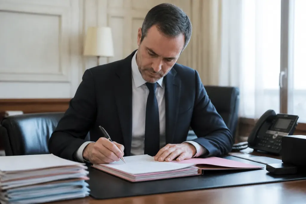 Homme en costume signant documents professionnels au bureau