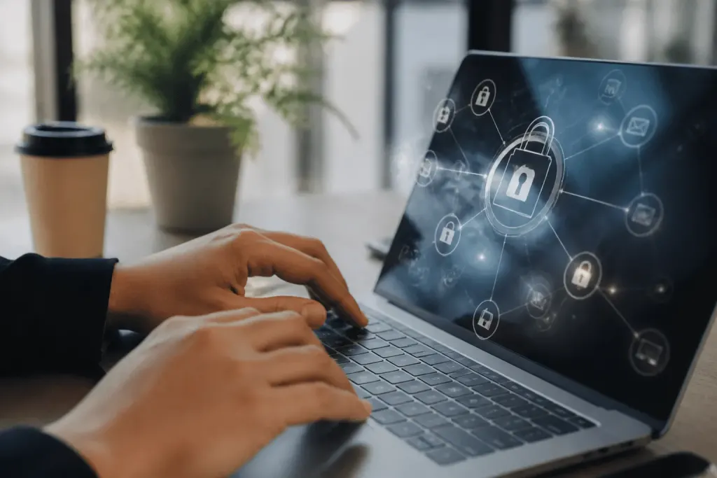 Mains tapant sur clavier avec icones de securite numerique visibles