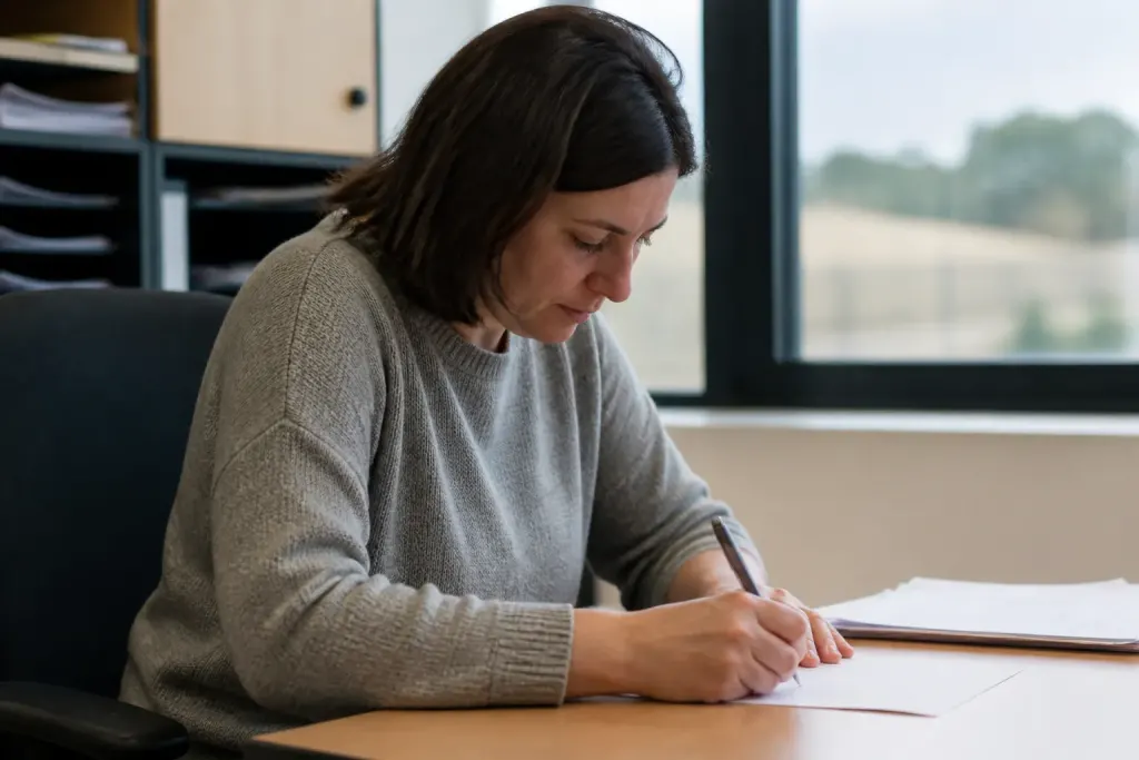 Personne signant document administratif au bureau